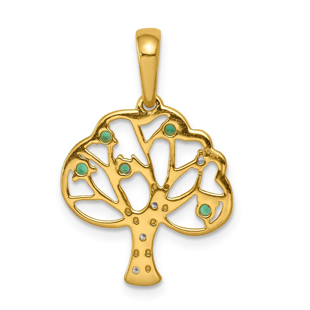 14K Gelbgold Anhänger „Baum" mit synthetischem Smaragd und echten Diamanten, poliert