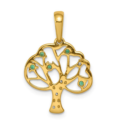 14K Gelbgold Anhänger „Baum" mit synthetischem Smaragd und echten Diamanten, poliert