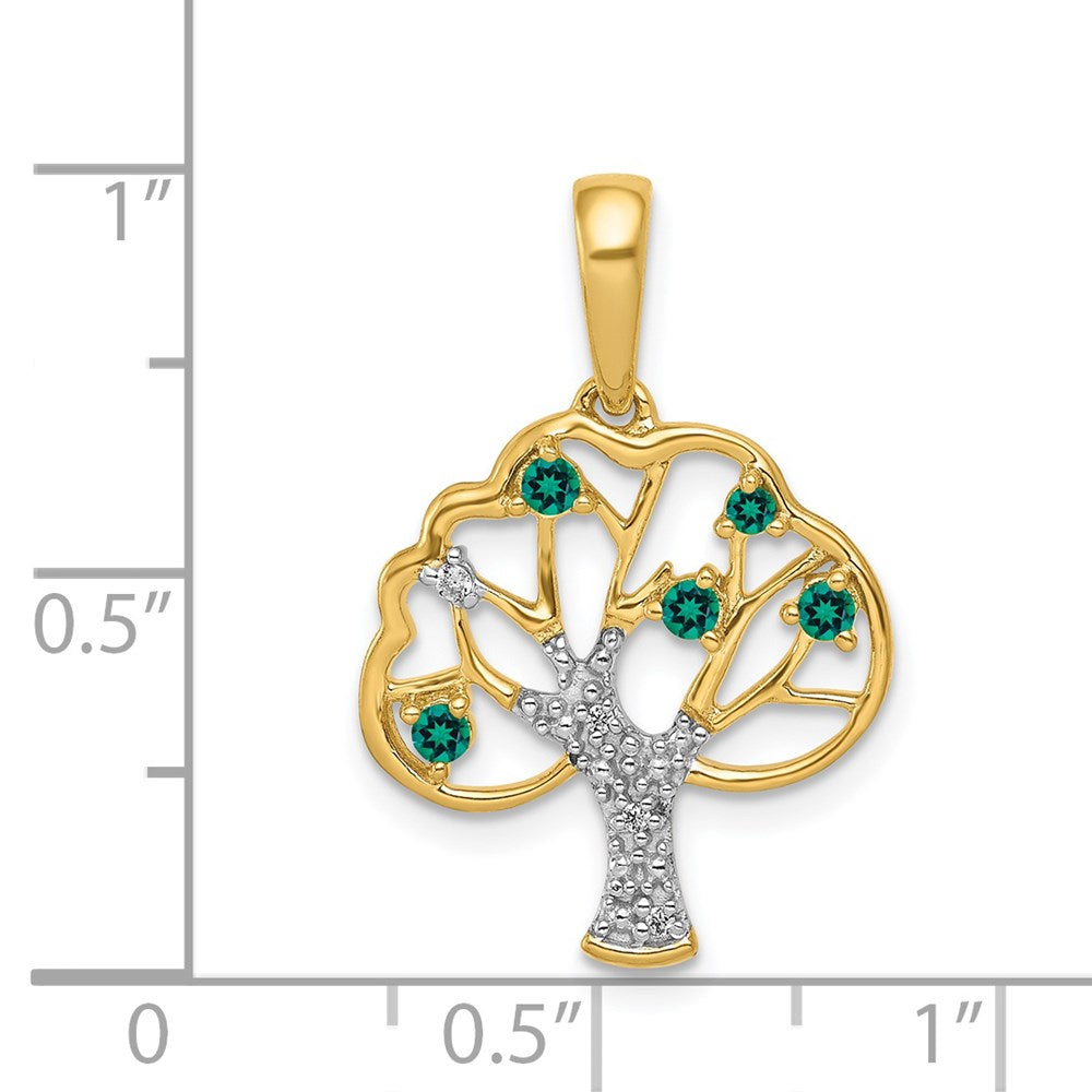14K Gelbgold Anhänger „Baum" mit synthetischem Smaragd und echten Diamanten, poliert