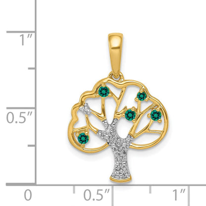 14K Gelbgold Anhänger „Baum" mit synthetischem Smaragd und echten Diamanten, poliert