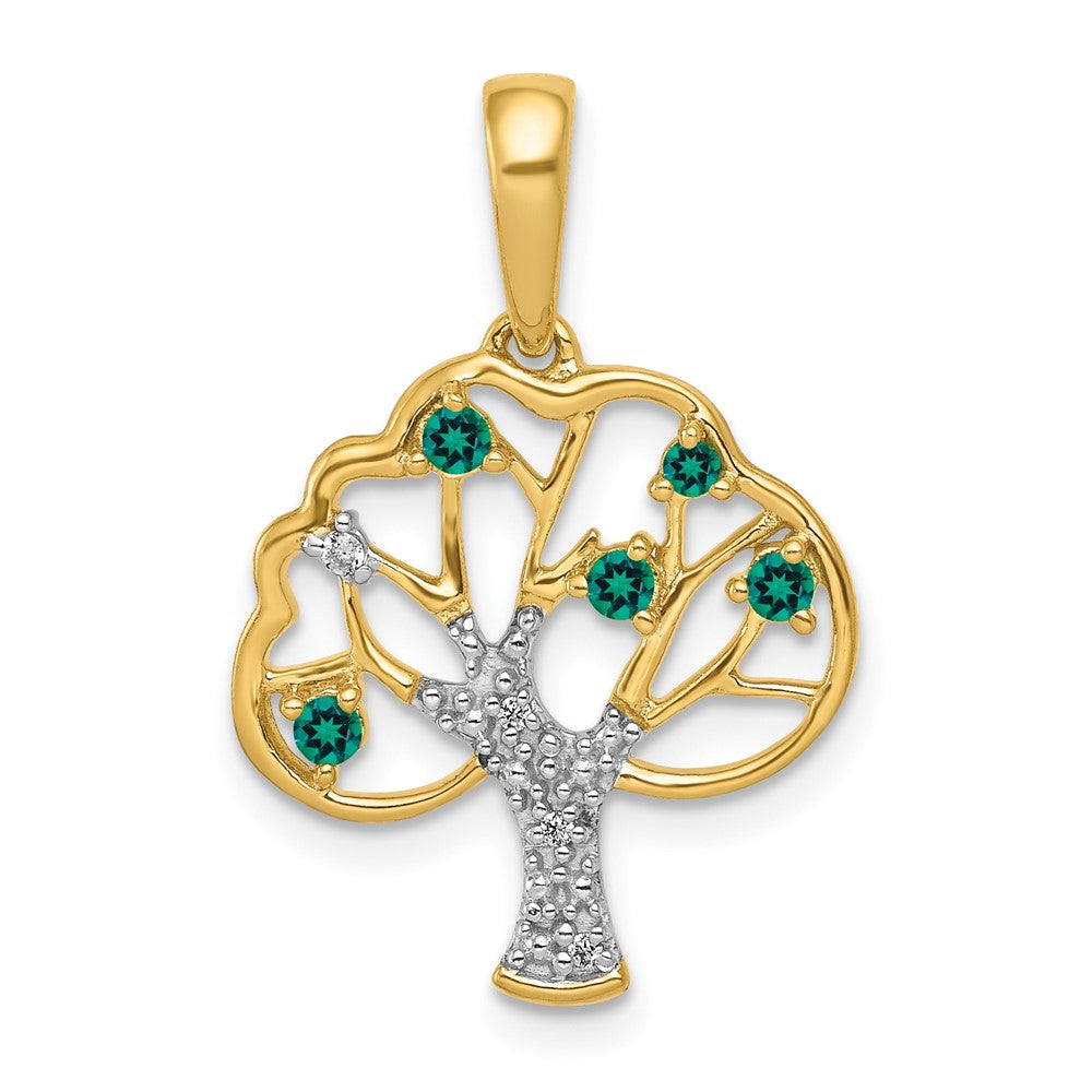 14K Gelbgold Anhänger „Baum" mit synthetischem Smaragd und echten Diamanten, poliert