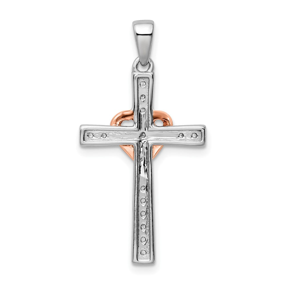 14K Bicolor Rosé- und Weißgold Kreuz-Anhänger mit Herz, 0,125 ct. Labordiamant, VS/SI+ G+