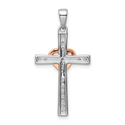 14K Bicolor Rosé- und Weißgold Kreuz-Anhänger mit Herz, 0,125 ct. Labordiamant, VS/SI+ G+
