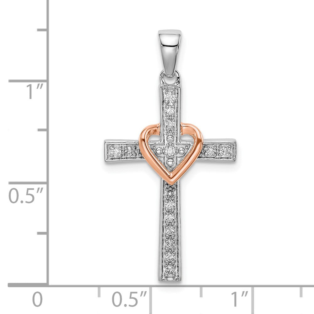 14K Bicolor Rosé- und Weißgold Kreuz-Anhänger mit Herz, 0,125 ct. Labordiamant, VS/SI+ G+