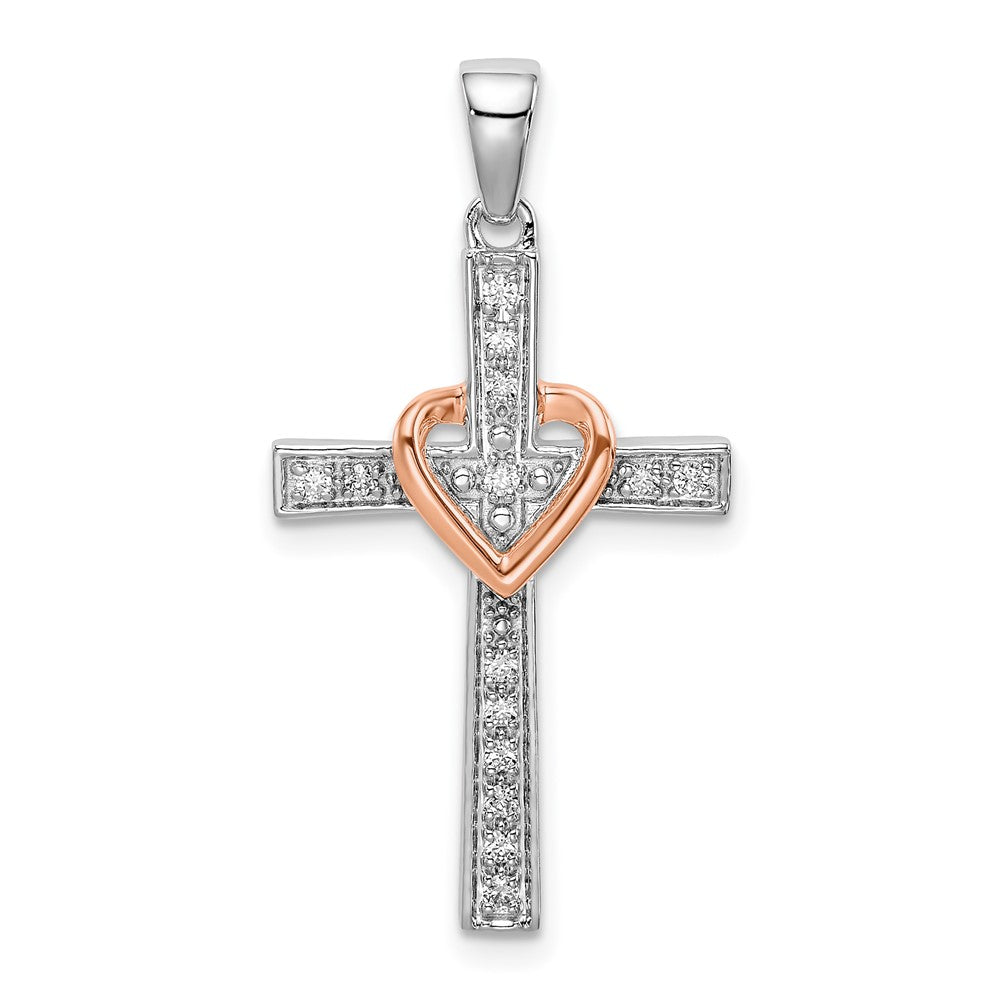 14K Bicolor Rosé- und Weißgold Kreuz-Anhänger mit Herz, 0,125 ct. Labordiamant, VS/SI+ G+