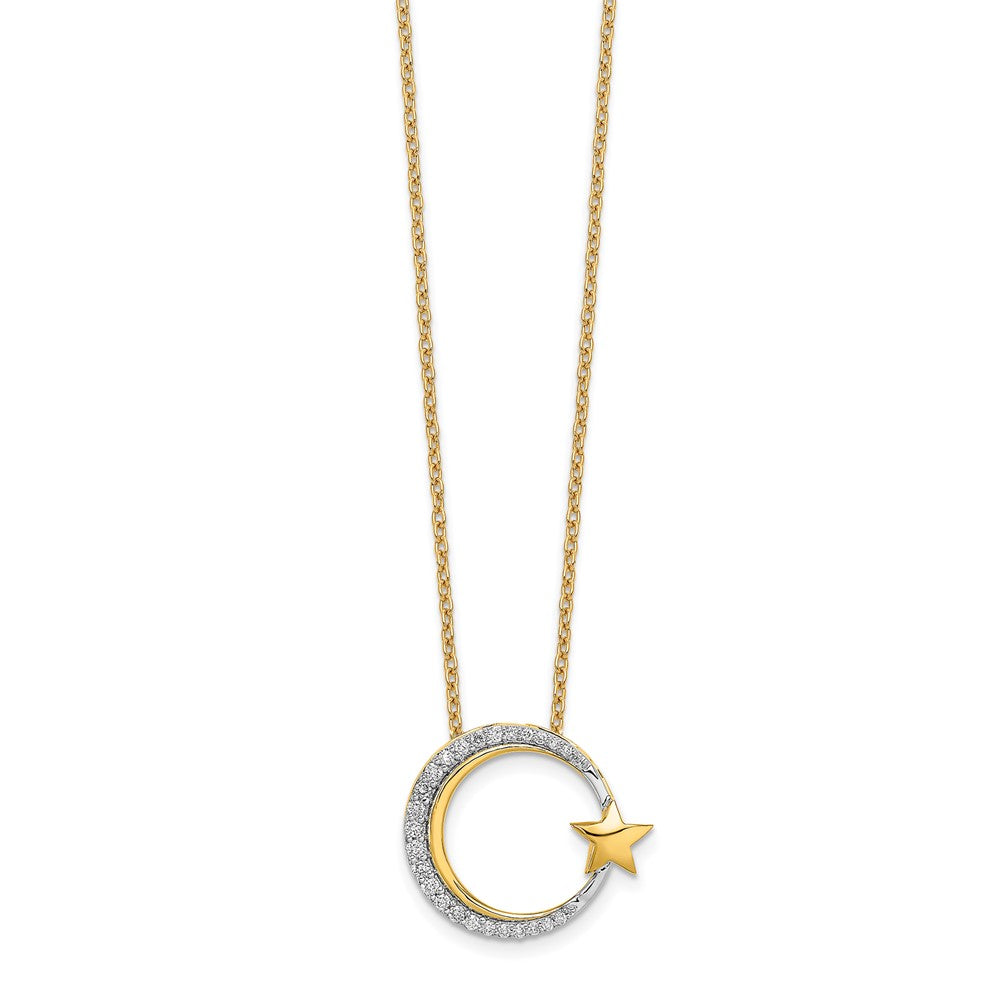 14K Gelbgold Poliert Mond und Stern Echt Diamant Kette Anhänger Halskette