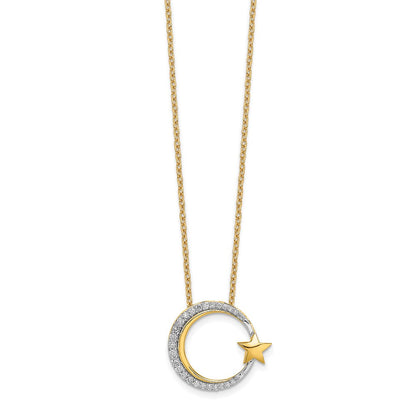 14K Gelbgold Poliert Mond und Stern Echt Diamant Kette Anhänger Halskette