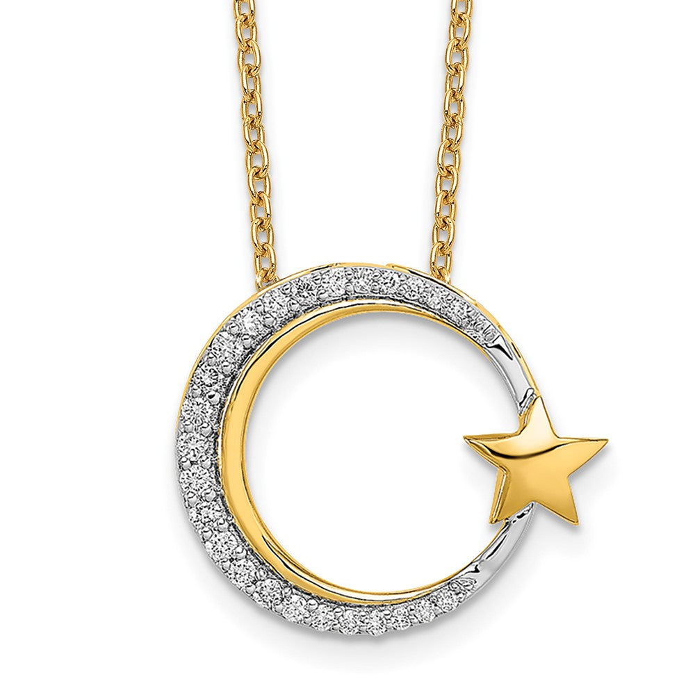 14K Gelbgold Poliert Mond und Stern Echt Diamant Kette Anhänger Halskette