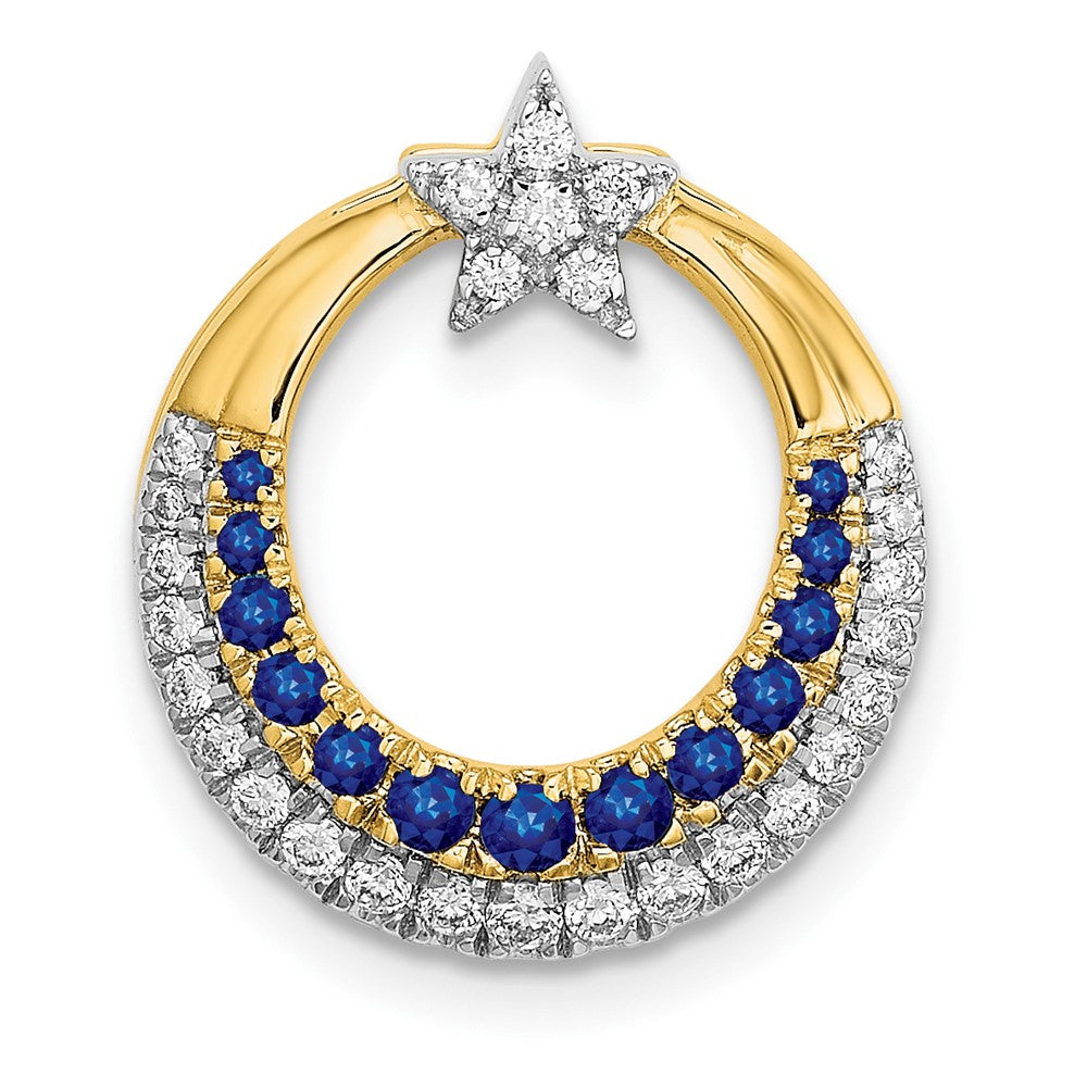 14K Gelbgold Poliert Mond mit Stern Saphir und Echt Diamant Kette Anhänger