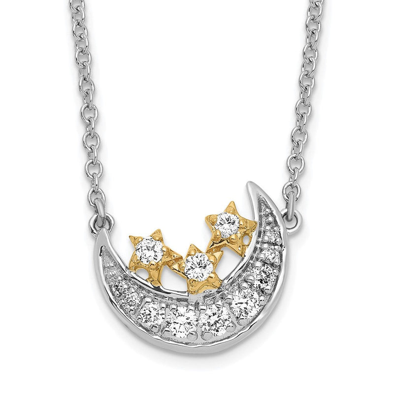14K Bicolor Gold Mond mit 3-stars Echt Diamant 18 Zoll Halskette