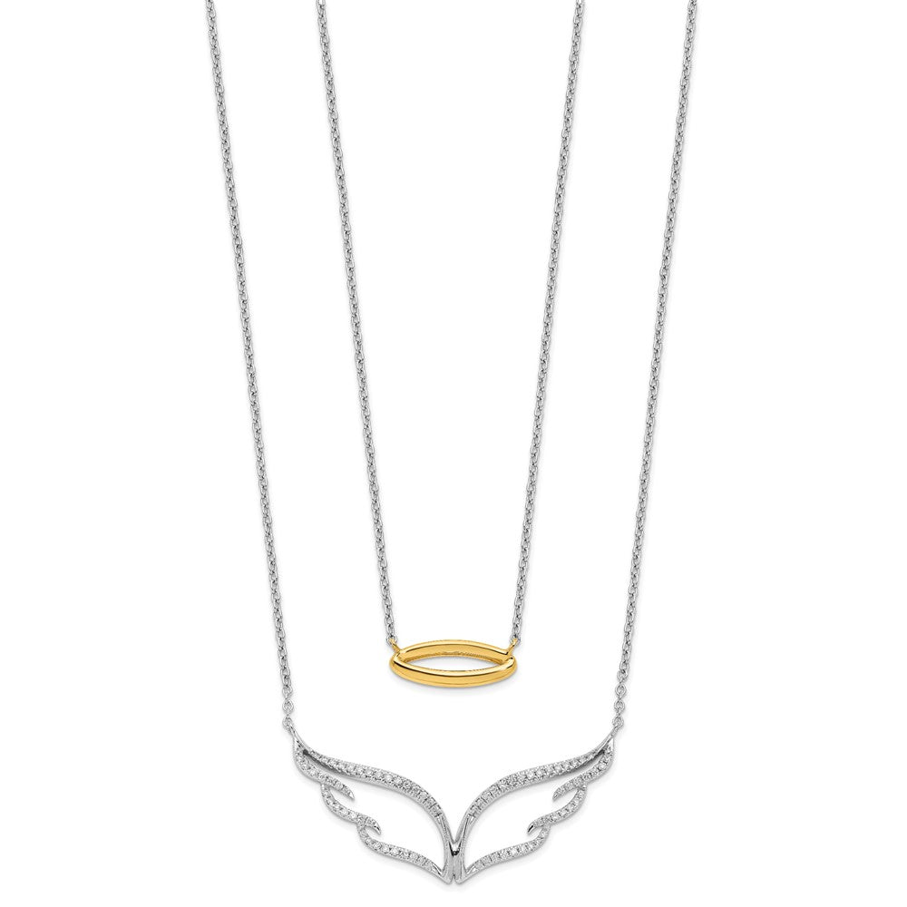 14K Bicolor Gold Echt Diamant Flügel mit Heiligenschein Doppelt Strang 18 Zoll Halskette