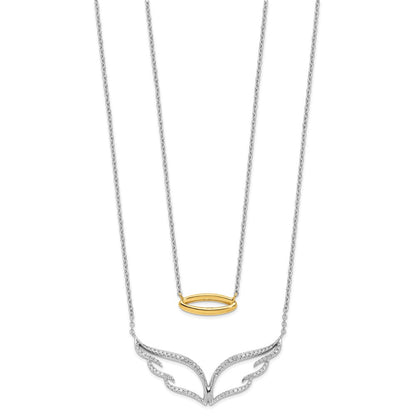 14K Bicolor Gold Echt Diamant Flügel mit Heiligenschein Doppelt Strang 18 Zoll Halskette
