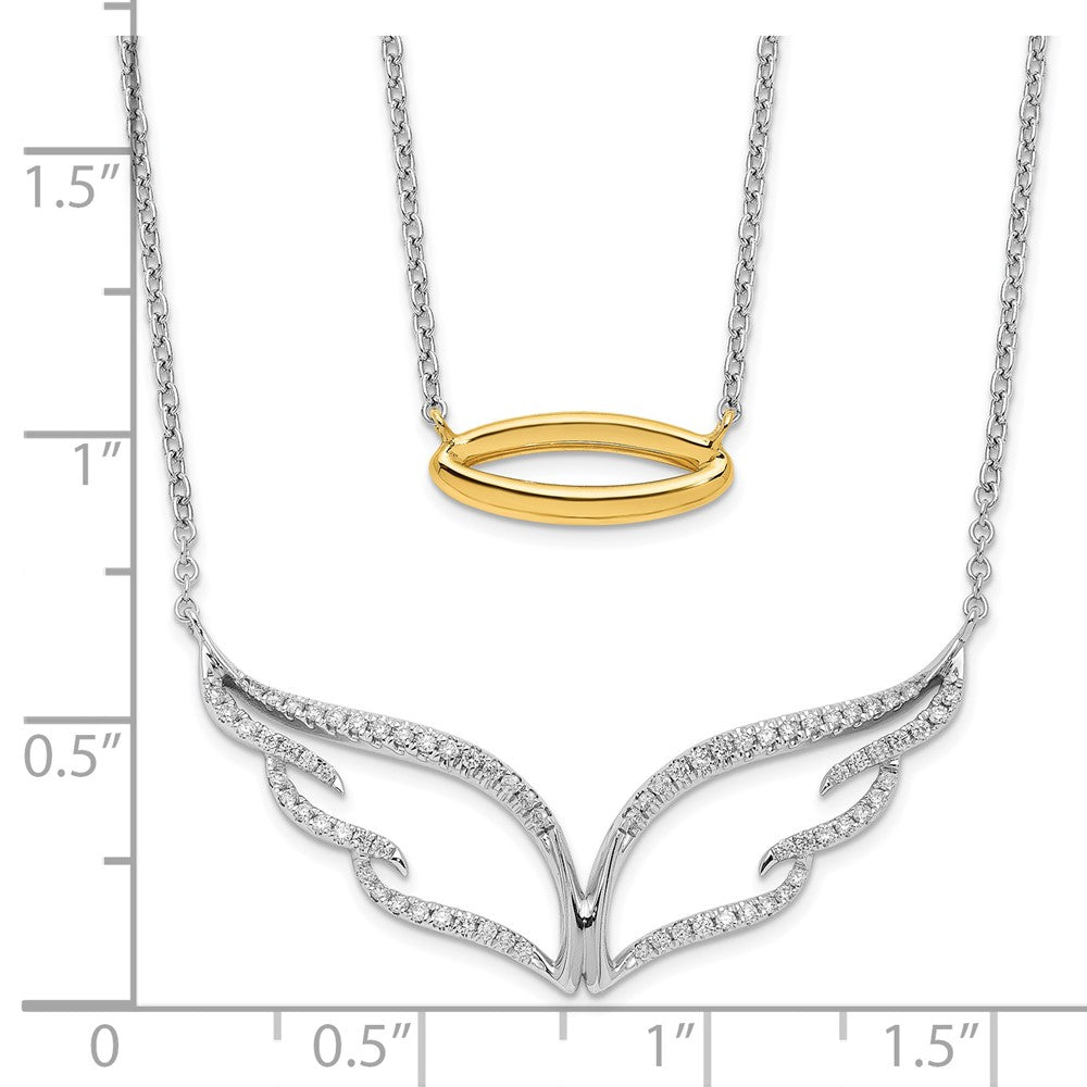 14K Bicolor Gold Echt Diamant Flügel mit Heiligenschein Doppelt Strang 18 Zoll Halskette