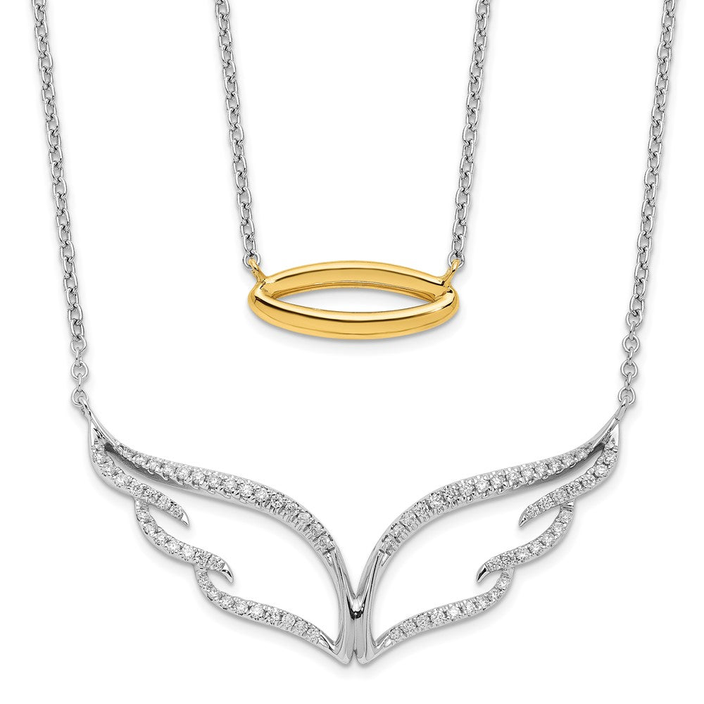 14K Bicolor Gold Echt Diamant Flügel mit Heiligenschein Doppelt Strang 18 Zoll Halskette