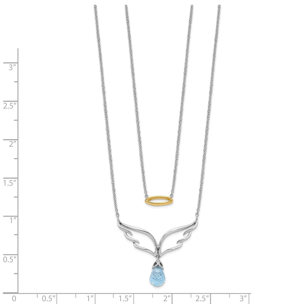 14K Bicolor Gold Blautopas Hängend Flügel mit Heiligenschein Dble 18 Zoll Halskette