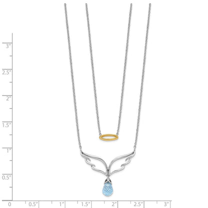 14K Bicolor Gold Blautopas Hängend Flügel mit Heiligenschein Dble 18 Zoll Halskette
