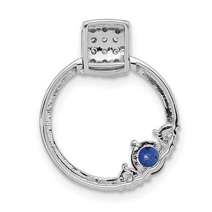 14K Weißgold Poliert Echt Diamant und Blau Saphir Kreis Kette Anhänger