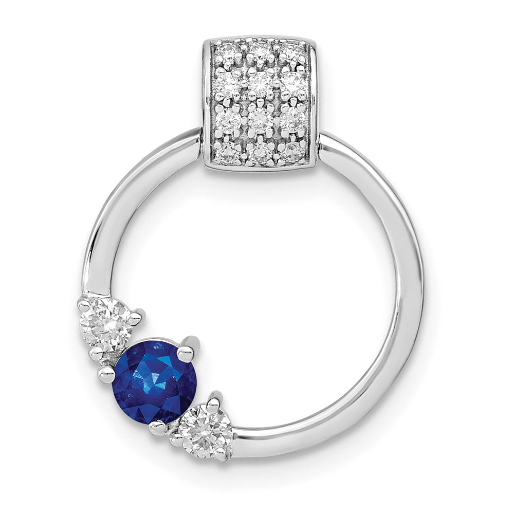 14K Weißgold Poliert Echt Diamant und Blau Saphir Kreis Kette Anhänger