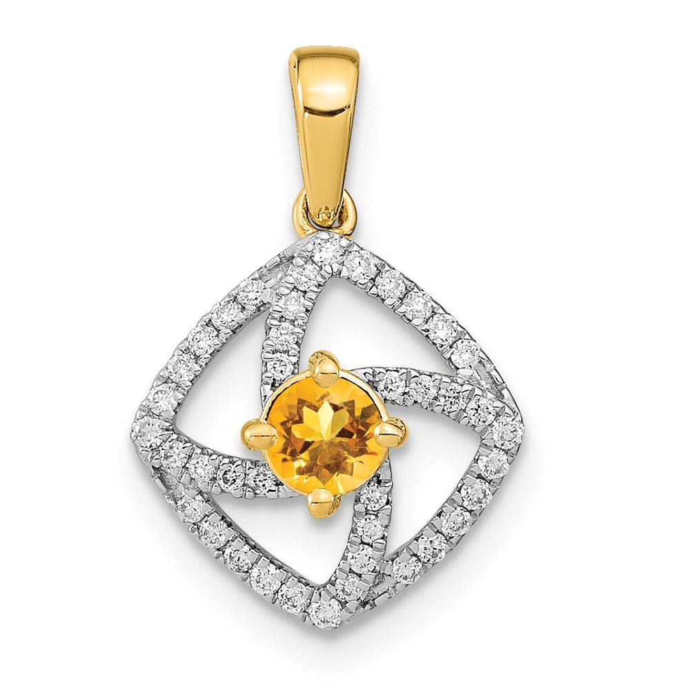 14K Gelbgold Polierter Anhänger mit echtem Diamant und quadratischem Citrin