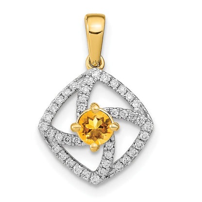 14K Gelbgold Polierter Anhänger mit echtem Diamant und quadratischem Citrin