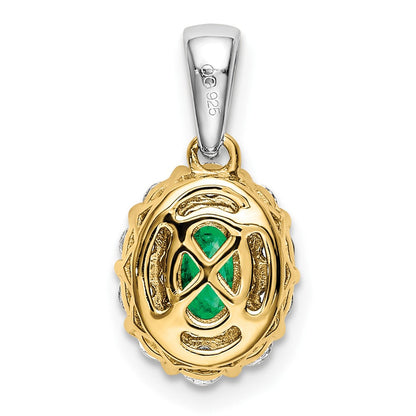 14K Bicolor-Gold Ovaler Halo-Anhänger mit Smaragd und echtem Diamant