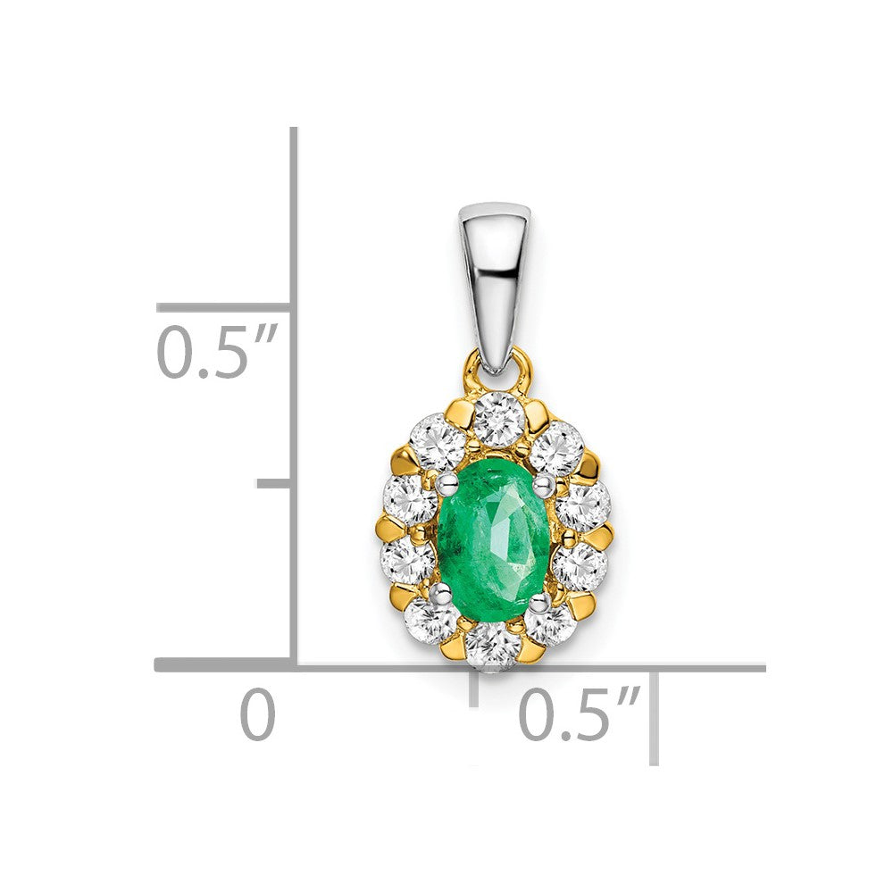 14K Bicolor-Gold Ovaler Halo-Anhänger mit Smaragd und echtem Diamant