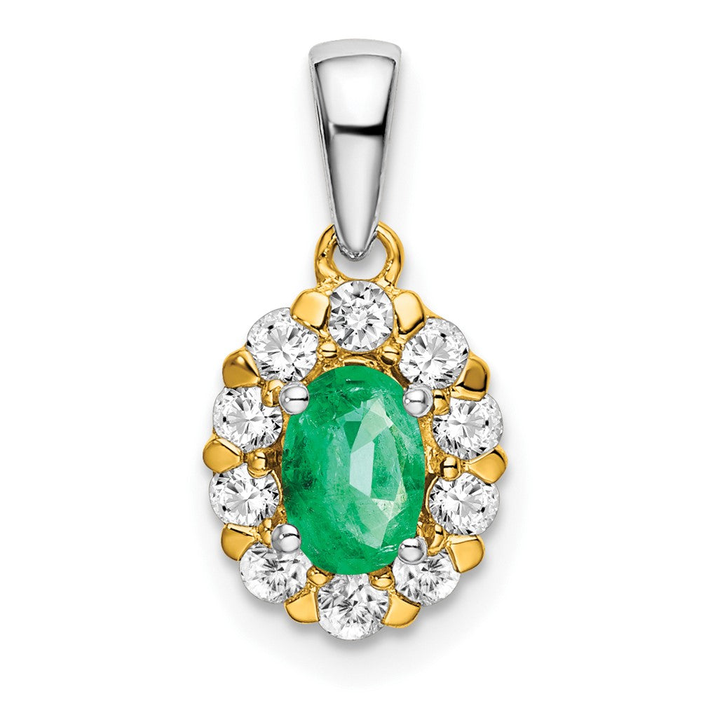 14K Bicolor-Gold Ovaler Halo-Anhänger mit Smaragd und echtem Diamant