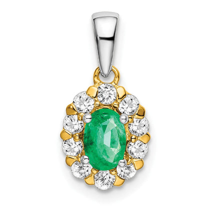 14K Bicolor-Gold Ovaler Halo-Anhänger mit Smaragd und echtem Diamant