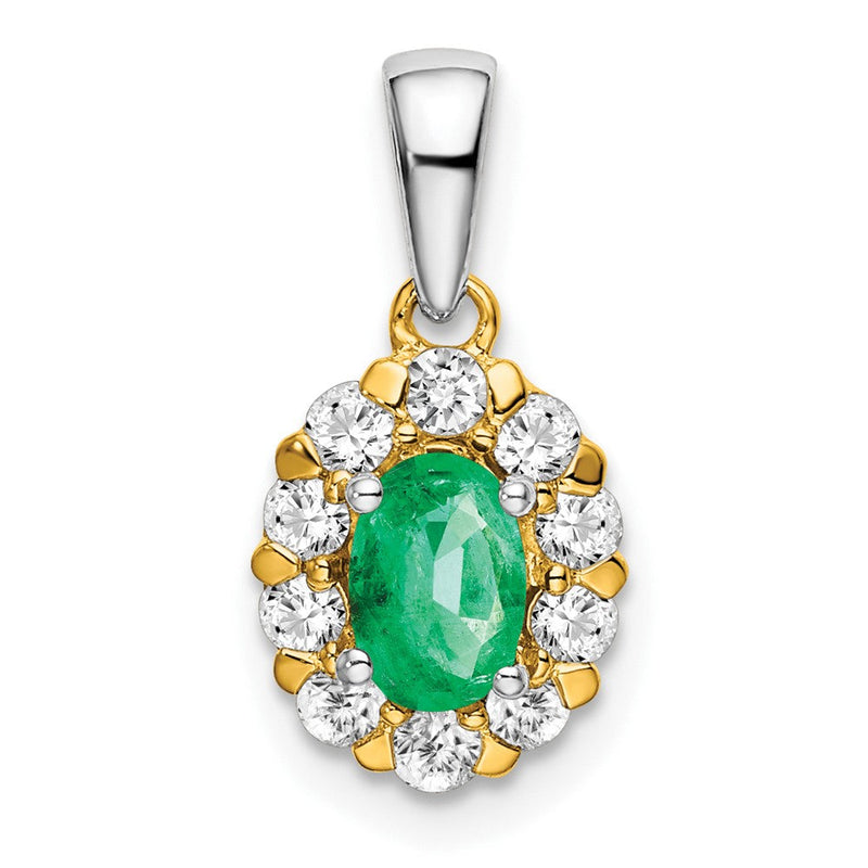14K Bicolor-Gold Ovaler Halo-Anhänger mit Smaragd und echtem Diamant