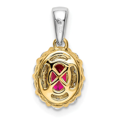 14K Bicolor-Gold Ovaler Halo-Anhänger mit Rubin und echtem Diamant