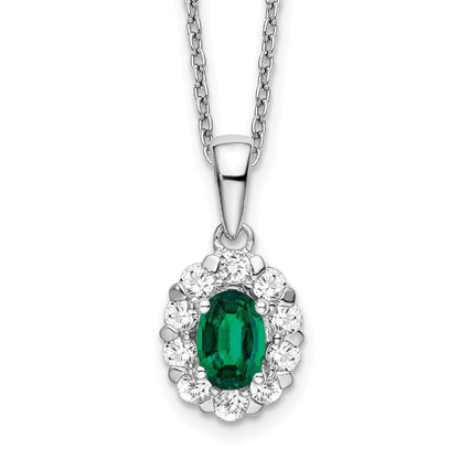 14K Weißgold Halo-Anhänger-Halskette mit 0,5 ct. Laborgezüchtetem Diamant VS/SI+ G+ und Ovalem Laborgezüchtetem Smaragd, 18 Zoll