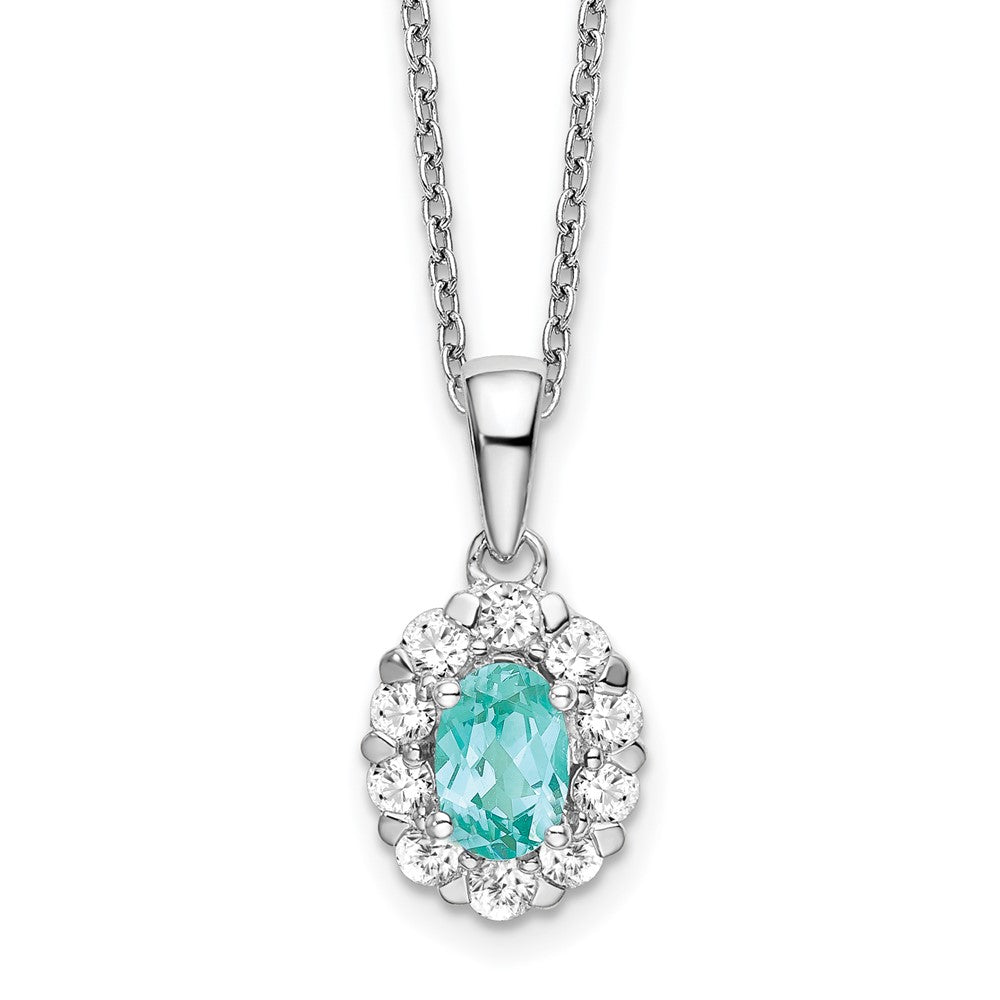 Pure Serenity 14K Weißgold Halskette mit ovalem Halo-Anhänger, 0,625 ct. im Labor gezüchteten Diamanten VS/SI+ G+ und im Labor gezüchtetem Paraiba-Turmalin, 45,7 cm