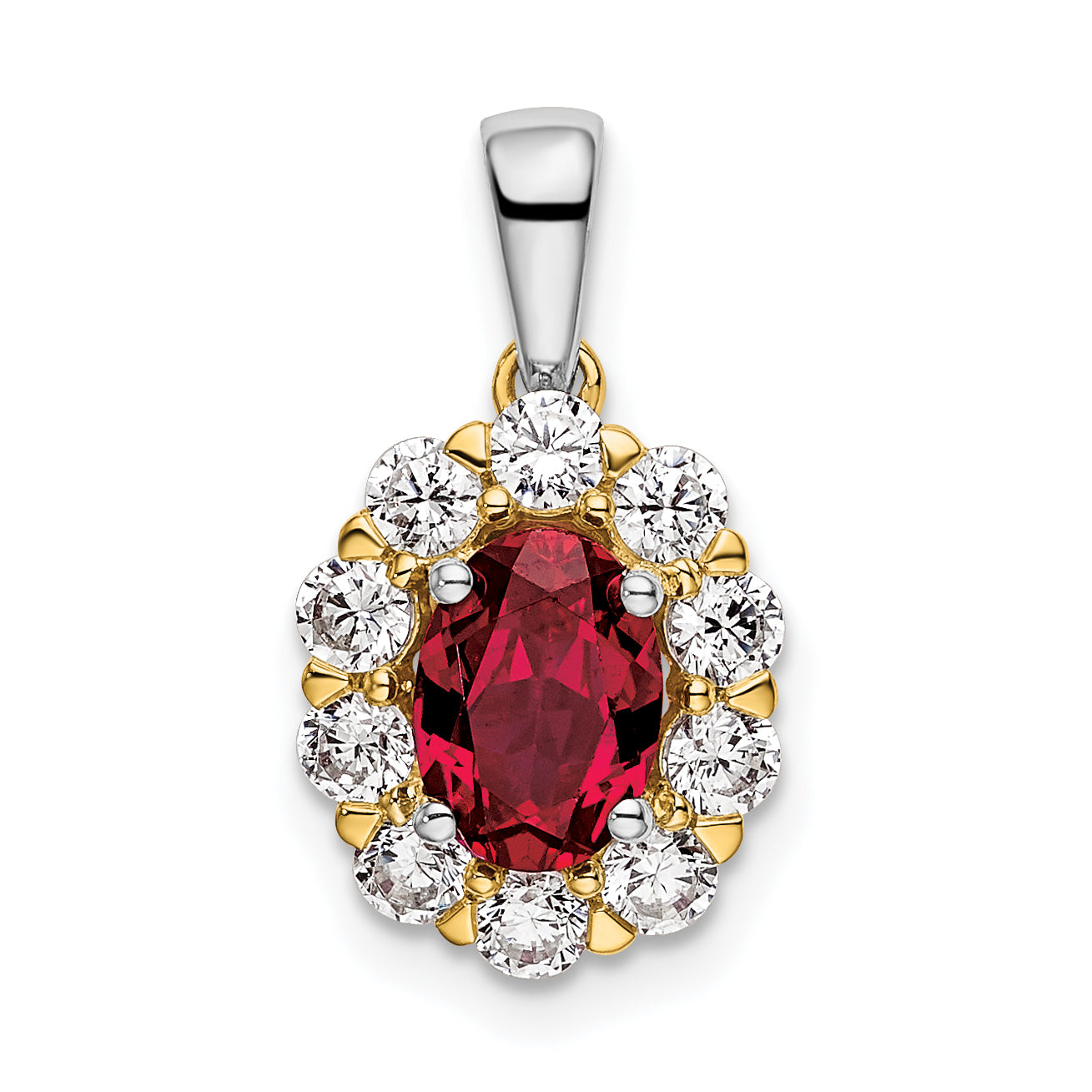 14K Bicolor 0,5 ct. im Labor gezüchteter Diamant VS/SI+ G+ und im Labor gezüchteter Rubin Halo-Anhänger