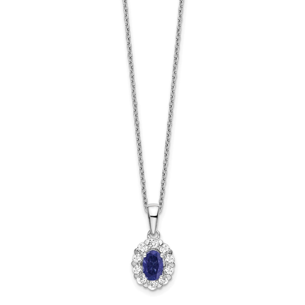 14K Weißgold Halo-Anhänger-Kette mit 0,5 ct. im Labor gezüchtetem Diamanten VS/SI+ G+ und ovalem im Labor gezüchtetem blauem Saphir, 18 Zoll