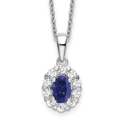 14K Weißgold Halo-Anhänger-Kette mit 0,5 ct. im Labor gezüchtetem Diamanten VS/SI+ G+ und ovalem im Labor gezüchtetem blauem Saphir, 18 Zoll