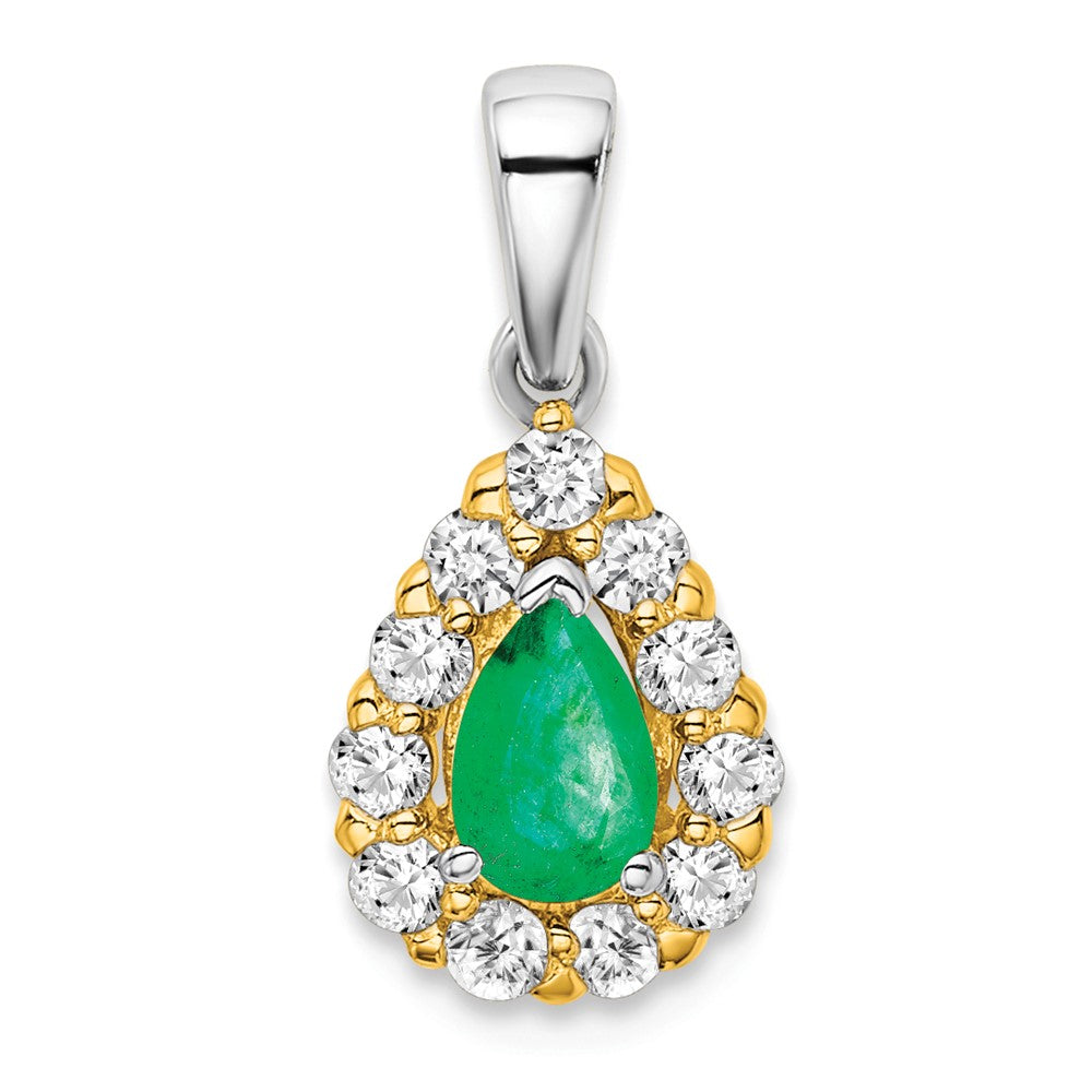 14K Bicolor-Gold Anhänger mit Smaragd im Birnenschliff und echten Diamanten im Halo-Design