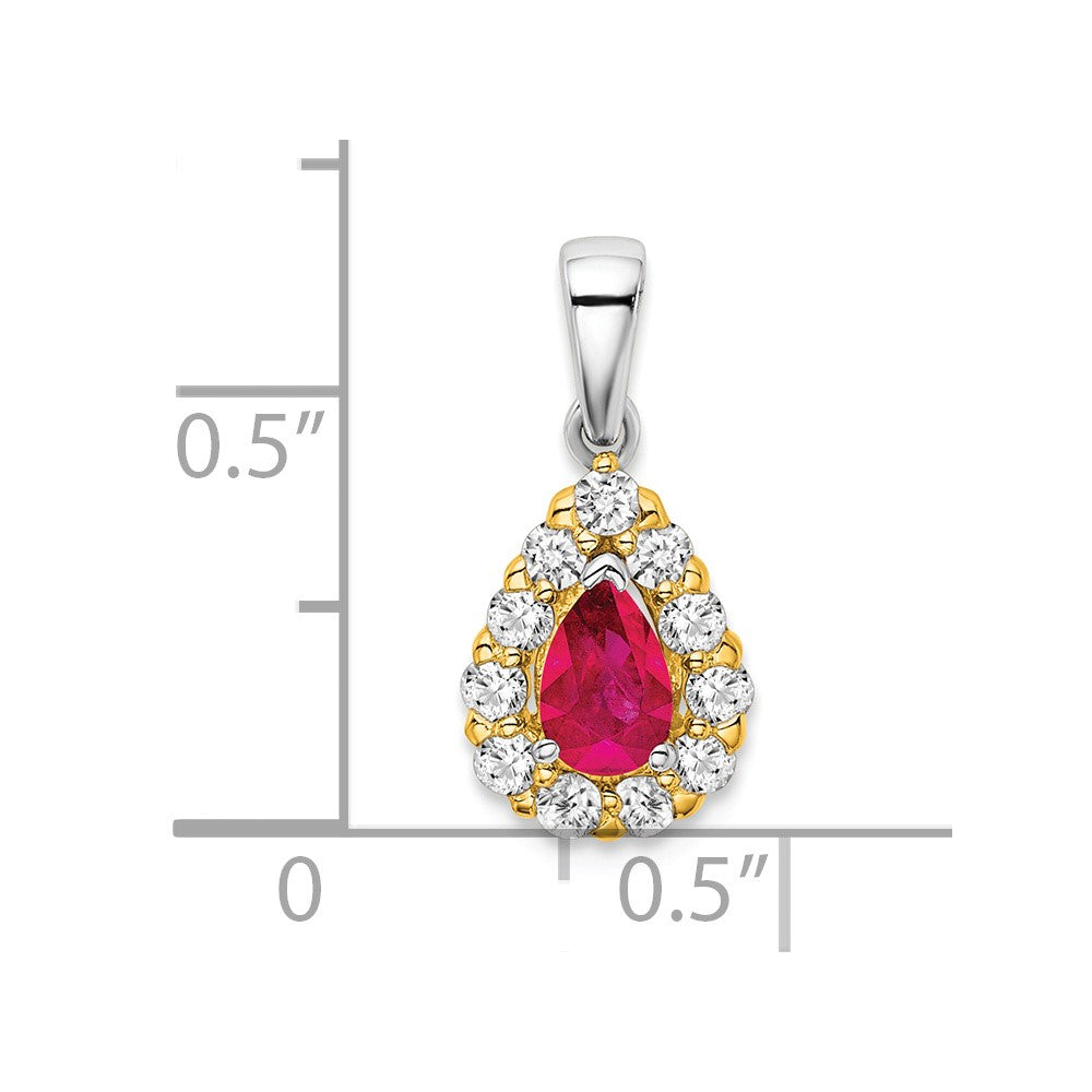 14K Bicolor-Gold Halo-Anhänger mit Rubin im Birnenschliff und echten Diamanten