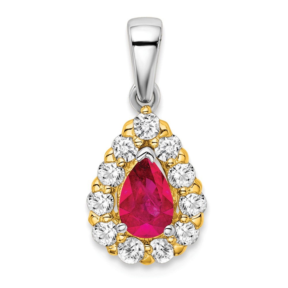 14K Bicolor-Gold Halo-Anhänger mit Rubin im Birnenschliff und echten Diamanten