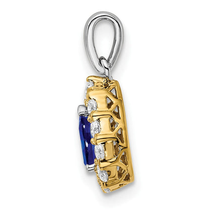 14K Bicolor-Gold Anhänger mit birnenförmigem Saphir und echten Diamanten im Halo-Design