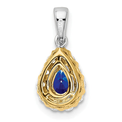 14K Bicolor-Gold Anhänger mit birnenförmigem Saphir und echten Diamanten im Halo-Design