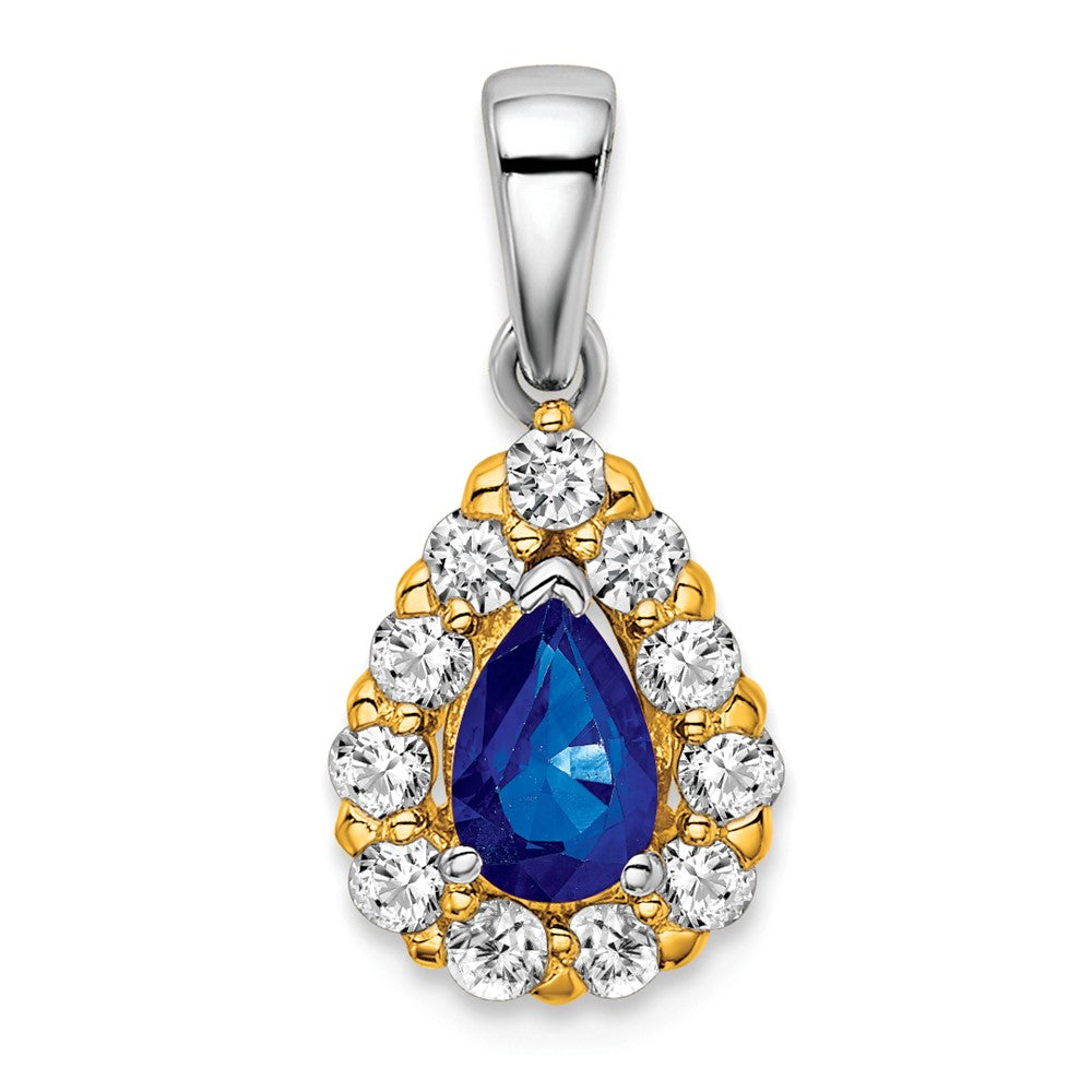 14K Bicolor-Gold Anhänger mit birnenförmigem Saphir und echten Diamanten im Halo-Design