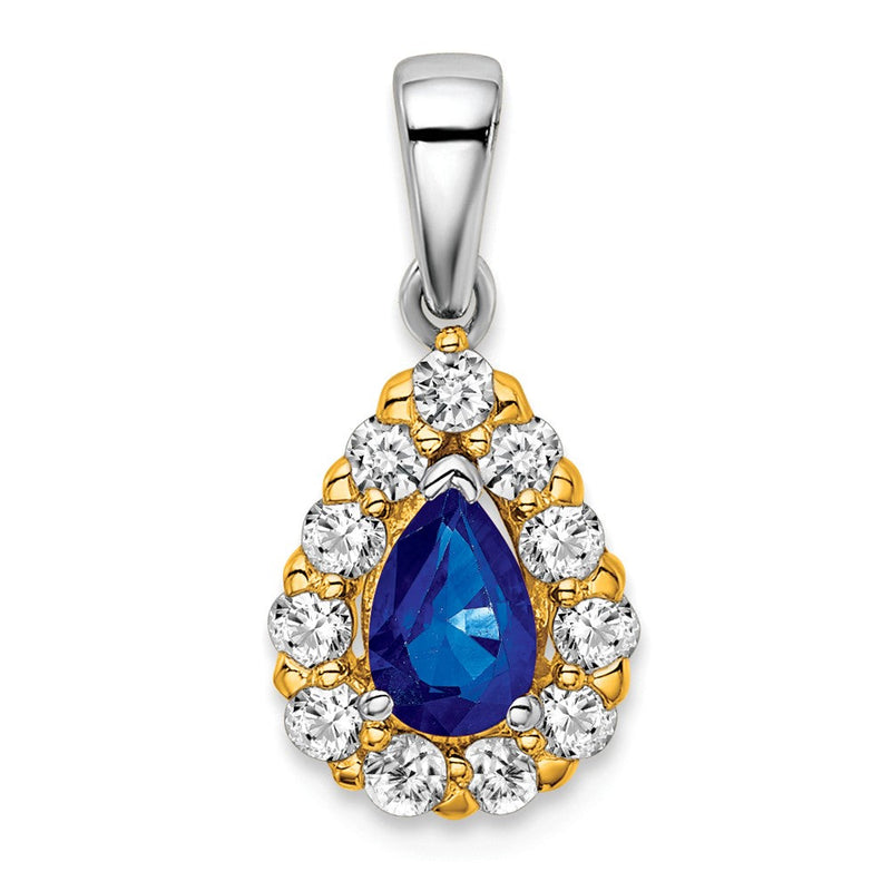 14K Bicolor-Gold Anhänger mit birnenförmigem Saphir und echten Diamanten im Halo-Design