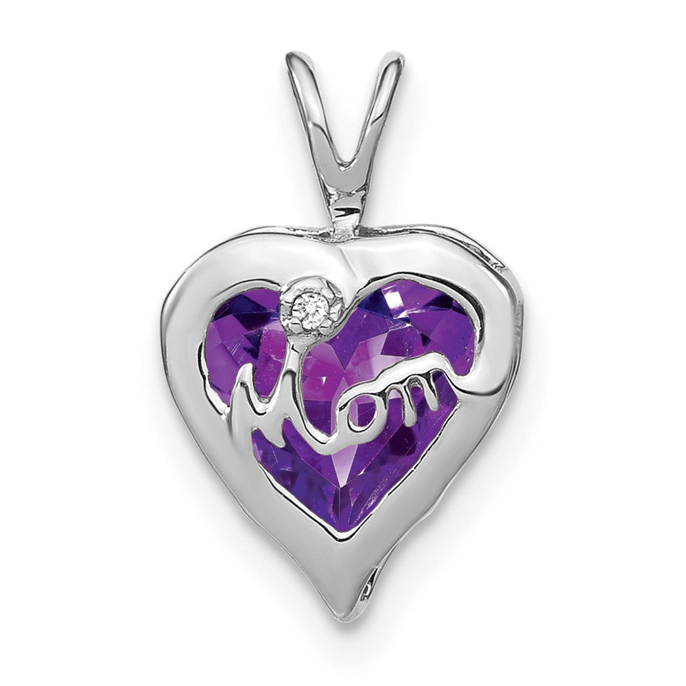 14K Weißgold Amethyst und echter Diamant MOM Herz-Anhänger