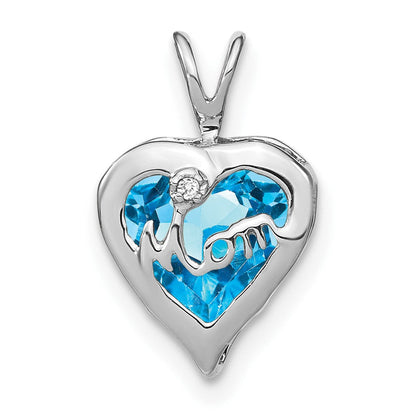 14K Weißgold Blautopas- und Echtdiamant-MOM-Herzanhänger