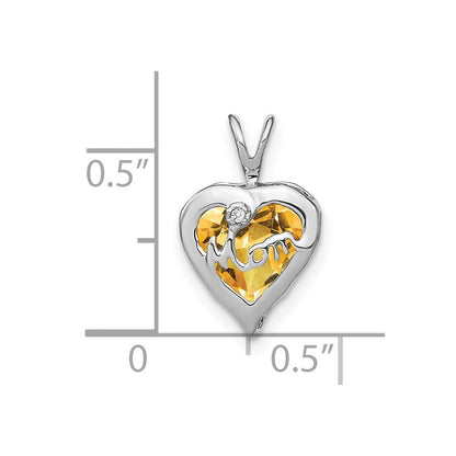 14K Weißgold Citrin- und Echtdiamant-Herzanhänger „MOM“
