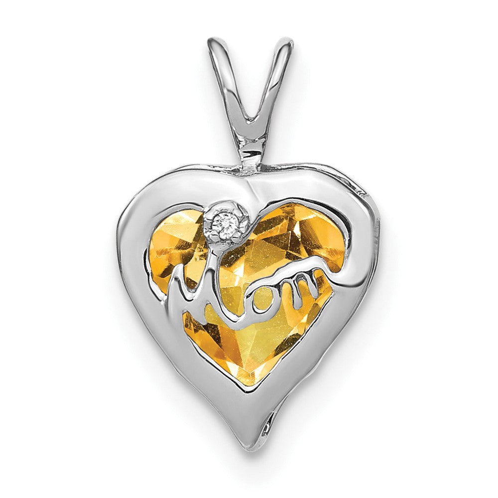 14K Weißgold Citrin- und Echtdiamant-Herzanhänger „MOM“