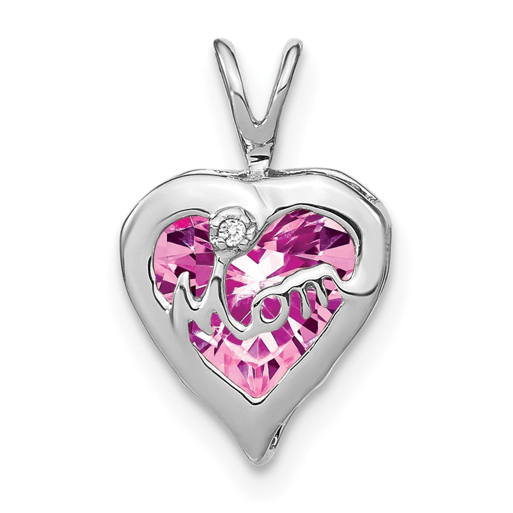 14K Weißgold Anhänger Herz MOM mit kreiertem rosa Saphir/echtem Diamant