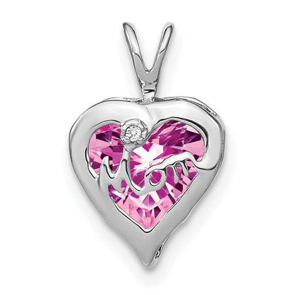 14K Weißgold Anhänger Herz MOM mit kreiertem rosa Saphir/echtem Diamant