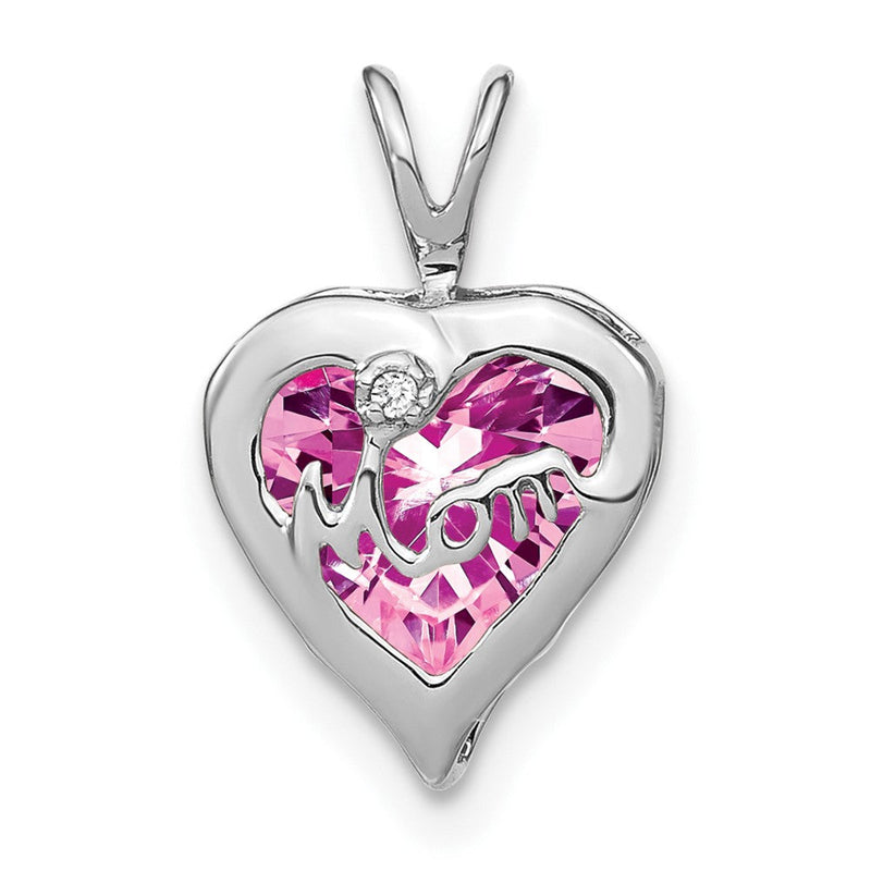 14K Weißgold Anhänger Herz MOM mit kreiertem rosa Saphir/echtem Diamant