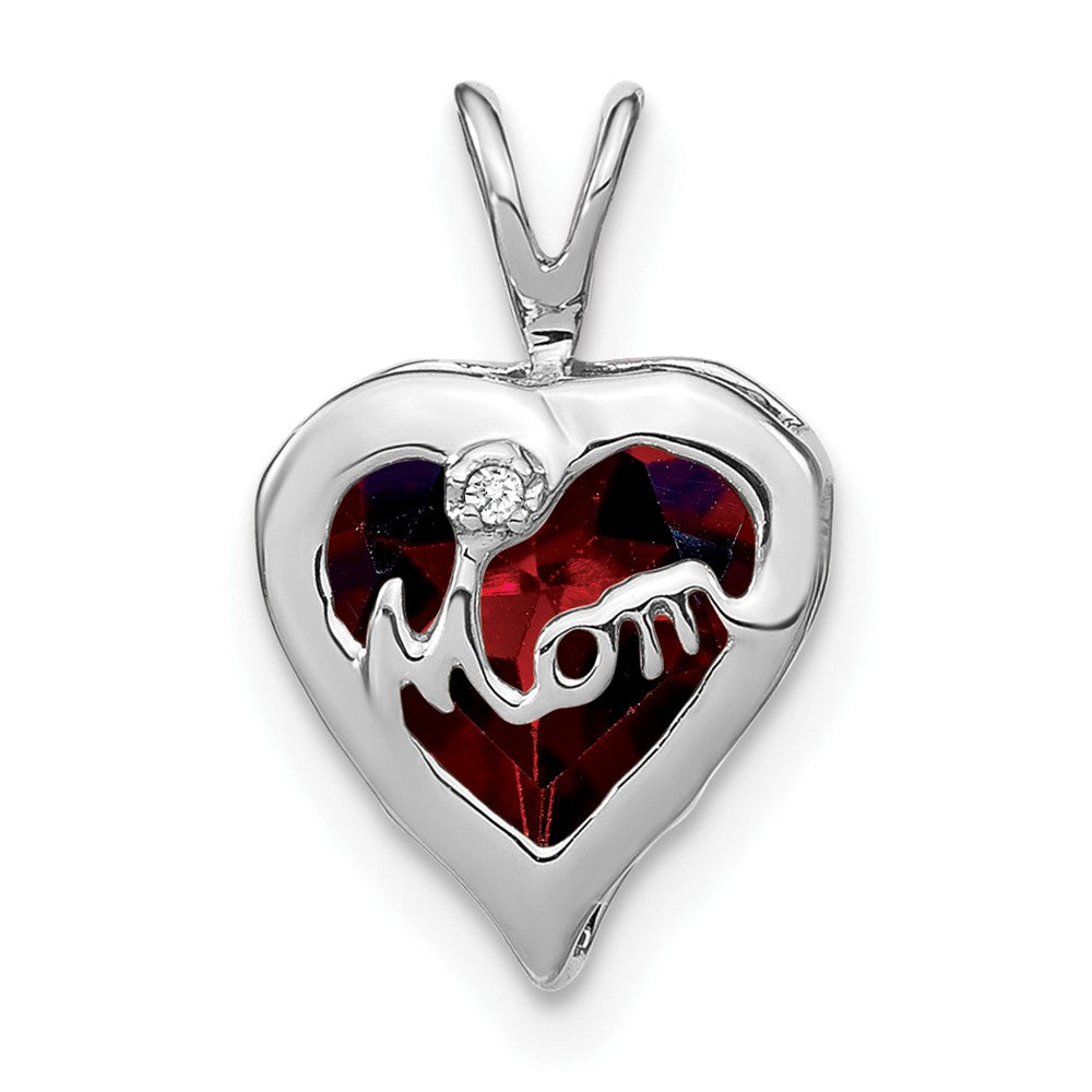 14K Weißgold Anhänger mit Granat und echten Diamanten, Herz-Design, "MOM"-Gravur